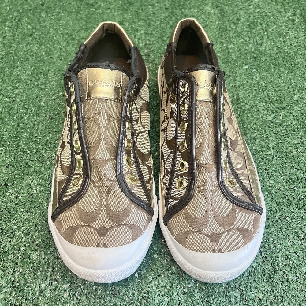 COACH Felix Signature Low-Top Sneakers Women Sz 9B Beige Brown Gold Logo A5010